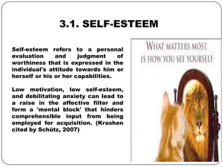 3.1. SELF-ESTEEM
Self-esteem refers to a personal
evaluation and judgment of
worthiness that is expressed in the
individual's attitude towards him or
herself or his or her capabilities.
Low motivation, low self-esteem,
and debilitating anxiety can lead to
a raise in the affective filter and
form a 'mental block' that hinders
comprehensible input from being
employed for acquisition. (Krashen
cited by Schütz, 2007)
 