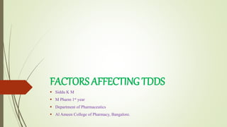 FACTORS AFFECTING TDDS
 Siddu K M
 M Pharm 1st year
 Department of Pharmaceutics
 Al Ameen College of Pharmacy, Bangalore.
 