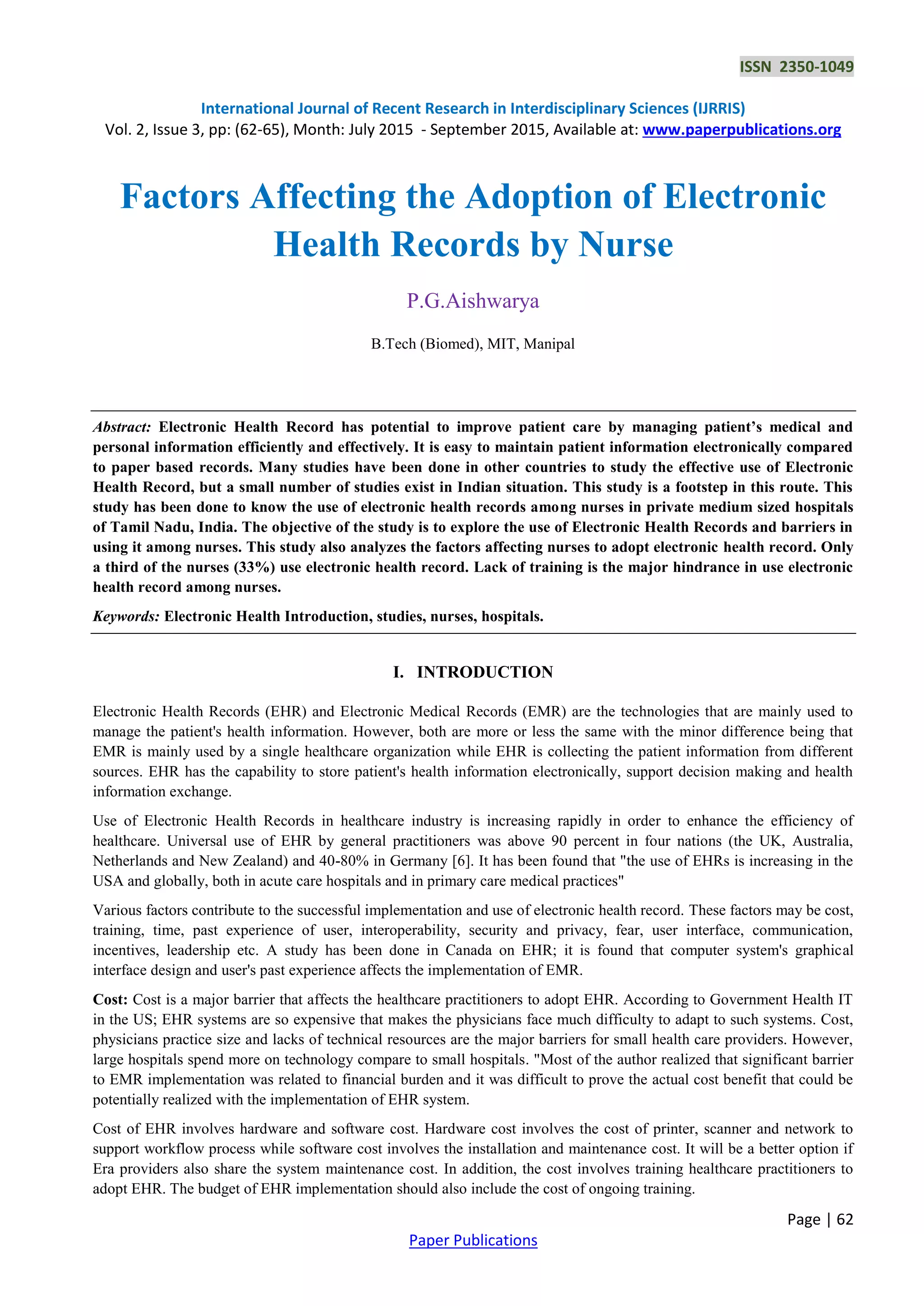 Factors Affecting the Adoption of Electronic Health Records by Nurse | PDF