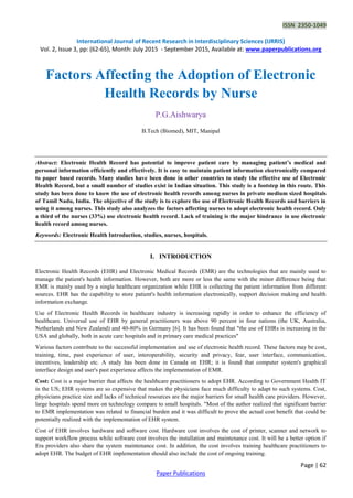 Factors Affecting the Adoption of Electronic Health Records by Nurse | PDF
