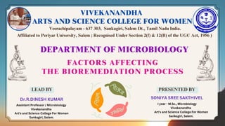DEPARTMENT OF MICROBIOLOGY
FACTORS AFFECTING
THE BIOREMEDIATION PROCESS
Veerachipalayam - 637 303, Sankagiri, Salem Dt., Tamil Nadu India.
Affiliated to Periyar University, Salem ; Recognised Under Section 2(f) & 12(B) of the UGC Act, 1956 )
VIVEKANANDHA
ARTS AND SCIENCE COLLEGE FOR WOMEN
LEAD BY PRESENTED BY
Dr.R.DINESH KUMAR SONIYA SREE SAKTHIVEL
Assistant Professor / Microbiology
Vivekanandha
Art's and Science College For Women
Sankagiri, Salem.
I year - M.Sc., Microbiology
Vivekanandha
Art's and Science College For Women
Sankagiri, Salem.
 
