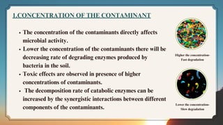 1.CONCENTRATION OF THE CONTAMINANT﻿
The concentration of the contaminants directly affects
microbial activity.
Lower the concentration of the contaminants there will be
decreasing rate of degrading enzymes produced by
bacteria in the soil.
Toxic effects are observed in presence of higher
concentrations of contaminants.
The decomposition rate of catabolic enzymes can be
increased by the synergistic interactions between different
components of the contaminants.
Higher the concentration-
Fast degradation
Lower the concentration-
Slow degradation
 