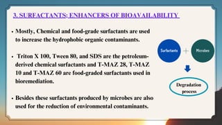 3. SURFACTANTS; ENHANCERS OF BIOAVAILABILITY
Mostly, Chemical and food-grade surfactants are used
to increase the hydrophobic organic contaminants.
Triton X 100, Tween 80, and SDS are the petroleum-
derived chemical surfactants and T-MAZ 28, T-MAZ
10 and T-MAZ 60 are food-graded surfactants used in
bioremediation.
Besides these surfactants produced by microbes are also
used for the reduction of environmental contaminants.
Surfactants Microbes
Degradation
process
 