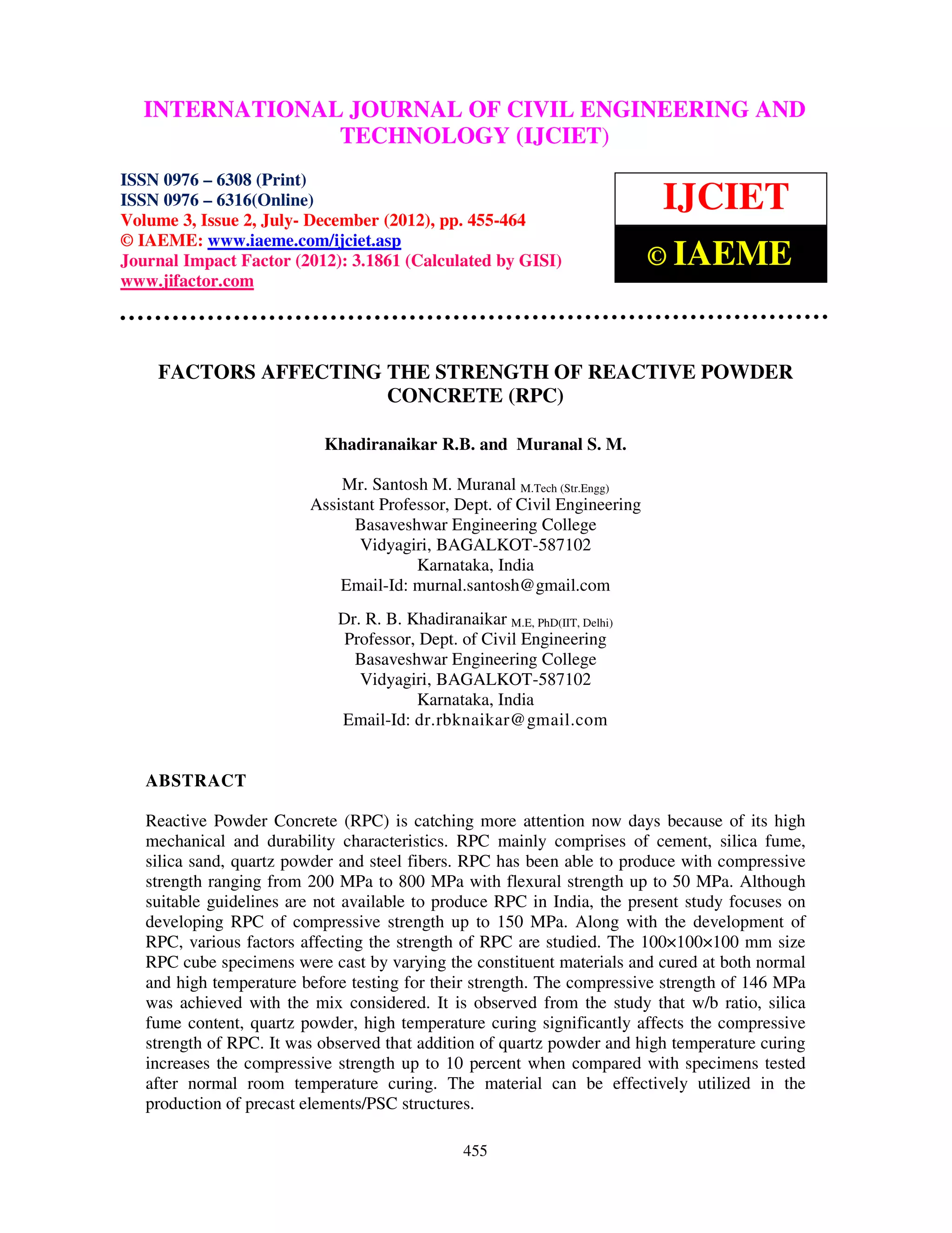 Factors affecting the strength of reactive powder concrete rpc | PDF ...