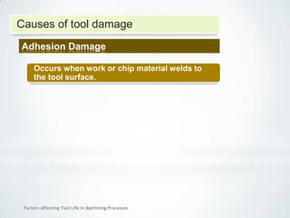 Factors Affecting Tool Life In Machining Processes
Occurs when work or chip material welds to
the tool surface.
Adhesion Damage
Causes of tool damage
 