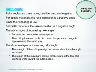 Factors Affecting Tool Life In Machining Processes
Rake angle
Rake angles are three types, positive, zero and negative.
For ductile materials, the rake inclination is a positive angle
Since their shearing is low.
For brittle materials, the rake inclination is a negative angle.
The advantages of increasing rake angle
• Reduces the horsepower consumption.
• The cutting force and tool-chip contact temperature change in
approximately the same way.
The disadvantages of increasing rake angle
• The strength of the cutting wedge decreases when the rake angle
increases.
• The region of the maximum contact temperature at the tool-chip
interface shifts toward the cutting edge.
Cutting Tool
Geometry
 