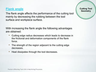 Factors Affecting Tool Life In Machining Processes
Flank angle
The flank angle affects the performance of the cutting tool
mainly by decreasing the rubbing between the tool
surface and workpiece surface.
With increasing the flank angle the following advantages
are obtained:
• Cutting edge radius decreases which leads to decrease in
the frictional and deformation components of the flank
force.
• The strength of the region adjacent to the cutting edge
decreases.
• Heat dissipates through the tool decreases.
Cutting Tool
Geometry
 