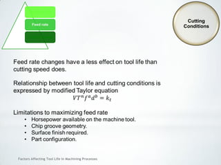 Factors Affecting Tool Life In Machining Processes
Depth of cut
Feed rate
Cutting Speed
Cutting
Conditions
 