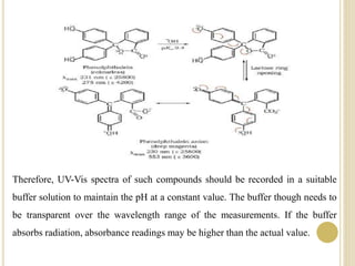Therefore, UV-Vis spectra of such compounds should be recorded in a suitable
buffer solution to maintain the pH at a constant value. The buffer though needs to
be transparent over the wavelength range of the measurements. If the buffer
absorbs radiation, absorbance readings may be higher than the actual value.
 