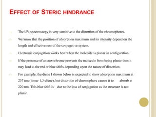 EFFECT OF STERIC HINDRANCE
1) The UV-spectroscopy is very sensitive to the distortion of the chromophores.
2) We know that the position of absorption maximum and its intensity depend on the
length and effectiveness of the conjugative system.
3) Electronic conjugation works best when the molecule is planar in configuration.
4) If the presence of an auxochrome prevents the molecule from being planar then it
may lead to the red or blue shifts depending upon the nature of distortion.
5) For example, the diene I shown below is expected to show absorption maximum at
237 nm (linear 1,3-diene), but distortion of chromophore causes it to absorb at
220 nm. This blue shift is due to the loss of conjugation as the structure is not
planar.
 