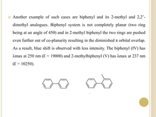  Another example of such cases are biphenyl and its 2-methyl and 2,2’-
dimethyl analogues. Biphenyl system is not completely planar (two ring
being at an angle of 450) and in 2-methyl biphenyl the two rings are pushed
even further out of co-planarity resulting in the diminished π orbital overlap.
As a result, blue shift is observed with less intensity. The biphenyl (IV) has
λmax at 250 nm (Ɛ = 19000) and 2-methylbiphenyl (V) has λmax at 237 nm
(Ɛ = 10250).
 