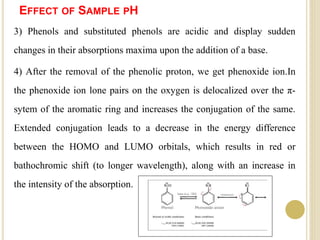 EFFECT OF SAMPLE PH
3) Phenols and substituted phenols are acidic and display sudden
changes in their absorptions maxima upon the addition of a base.
4) After the removal of the phenolic proton, we get phenoxide ion.In
the phenoxide ion lone pairs on the oxygen is delocalized over the π-
sytem of the aromatic ring and increases the conjugation of the same.
Extended conjugation leads to a decrease in the energy difference
between the HOMO and LUMO orbitals, which results in red or
bathochromic shift (to longer wavelength), along with an increase in
the intensity of the absorption.
 