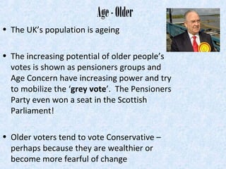 Age - Older
• The UK’s population is ageing

• The increasing potential of older people’s
  votes is shown as pensioners groups and
  Age Concern have increasing power and try
  to mobilize the ‘grey vote’. The Pensioners
  Party even won a seat in the Scottish
  Parliament!

• Older voters tend to vote Conservative –
  perhaps because they are wealthier or
  become more fearful of change
 