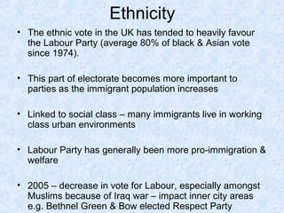 Ethnicity
• The ethnic vote in the UK has tended to heavily favour
  the Labour Party (average 80% of black & Asian vote
  since 1974).

• This part of electorate becomes more important to
  parties as the immigrant population increases

• Linked to social class – many immigrants live in working
  class urban environments

• Labour Party has generally been more pro-immigration &
  welfare

• 2005 – decrease in vote for Labour, especially amongst
  Muslims because of Iraq war – impact inner city areas
  e.g. Bethnel Green & Bow elected Respect Party
 
