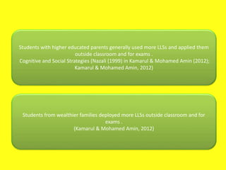 Students with higher educated parents generally used more LLSs and applied them
outside classroom and for exams .
Cognitive and Social Strategies (Nazali (1999) in Kamarul & Mohamed Amin (2012);
Kamarul & Mohamed Amin, 2012)
Students from wealthier families deployed more LLSs outside classroom and for
exams .
(Kamarul & Mohamed Amin, 2012)
 