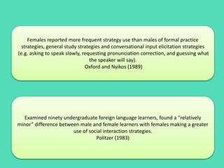 Females reported more frequent strategy use than males of formal practice
strategies, general study strategies and conversational input elicitation strategies
(e.g. asking to speak slowly, requesting pronunciation correction, and guessing what
the speaker will say).
Oxford and Nyikos (1989)
Examined ninety undergraduate foreign language learners, found a “relatively
minor” difference between male and female learners with females making a greater
use of social interaction strategies.
Politzer (1983)
 