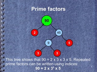 Prime factors
❑
❑

                        90


                2             45


                         9           5


                    3        3

This tree shows that 90 = 2 x 3 x 3 x 5. Repeated
prime factors can be written using indices:       8
                            2
                 90 = 2 x 3 x 5
 