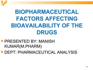BIOPHARMACEUTICAL
FACTORS AFFECTING
BIOAVAILABILITY OF THE
DRUGS
 PRESENTED BY: MANISH
KUMAR(M.PHARM)
 DEPT: PHARMACEUTICAL ANALYSIS
1
 
