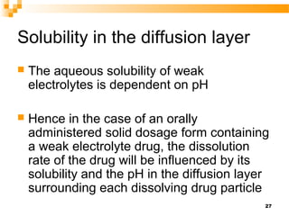 27
Solubility in the diffusion layer
 The aqueous solubility of weak
electrolytes is dependent on pH
 Hence in the case ...
