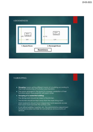 19-03-2021
4.ROOMINESS
5.GROUPING
 Grouping means setting different rooms of a building according to
their inter-relationship of invitation and transition.
 The rooms arranged in the layout in a proper correlation of their
functions and in due proximity with each other.
 Grouping of a residential building:
• The dining room should be close to the kitchen.
• The kitchen should be kept away from the main living room.
• Main bedrooms should have independent and separate access
from each room towards the sanitary units.
• In an office building, hospitals, etc. the administrative department
should be located centrally for convenience and economy of
services.
 