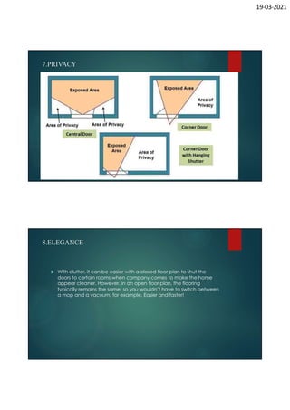 19-03-2021
7.PRIVACY
8.ELEGANCE
 With clutter, it can be easier with a closed floor plan to shut the
doors to certain rooms when company comes to make the home
appear cleaner. However, in an open floor plan, the flooring
typically remains the same, so you wouldn’t have to switch between
a mop and a vacuum, for example. Easier and faster!
 
