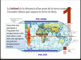 La latitud és la distancia d’un punt de la terra respecte a
l’ecuador (línea que separa la terra en dos).

                          POL NORD

Com més ens
apropem a
l’equador les
temperatures són
més altes i com
                          ECUADOR
més ens apropem
als pols les
temperatures
baixen.


                            POL SUD
 