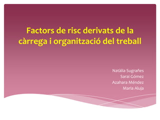 Factors de risc derivats de la
càrrega i organització del treball


                         Natàlia Sugrañes
                             Sarai Gómez
                         Azahara Méndez
                               Maria Aluja
 