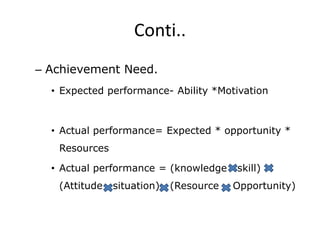 Conti..
– Achievement Need.
• Expected performance- Ability *Motivation
• Actual performance= Expected * opportunity *
Resources
• Actual performance = (knowledge skill)
(Attitude situation) (Resource Opportunity)
 