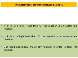 The energy level difference between S and P.
• If ‘P’ is at a lower level than ‘S’, the reaction is an exothermic
reaction.
• If ‘P’ is at a high level than ‘S’, the reaction is an endothermic
reaction.
• One need not supply energy (by heating) in order to form the
product.
 