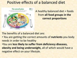 Positive effects of a balanced diet
A healthy balanced diet = foods
from all food groups in the
correct proportions
The benefits of a balanced diet are:
• You are getting the correct amounts of nutrients you body
needs in order to be healthy
•You are less likely to suffer from deficiency diseases,
obesity and being underweight, all of which would have a
negative effect on your lifestyle.
 