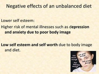 Negative effects of an unbalanced diet
Lower self esteem:
Higher risk of mental illnesses such as depression
and anxiety due to poor body image
Low self esteem and self worth due to body image
and diet.
 