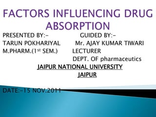 PRESENTED BY:-          GUIDED BY:-
TARUN POKHARIYAL      Mr. AJAY KUMAR TIWARI
M.PHARM.(1st SEM.)   LECTURER
                     DEPT. OF pharmaceutics
          JAIPUR NATIONAL UNIVERSITY
                       JAIPUR

DATE:-15 NOV.2011
 