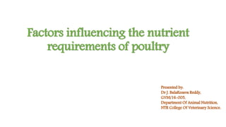 Factors influencing the nutrient
requirements of poultry
Presented by:
Dr J. BalaKesava Reddy,
GVM/16-005,
Department Of Animal Nutrition,
NTR College Of Veterinary Science.
 