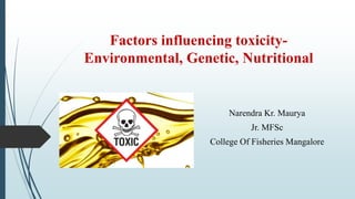 Factors influencing toxicity-
Environmental, Genetic, Nutritional
Narendra Kr. Maurya
Jr. MFSc
College Of Fisheries Mangalore
 