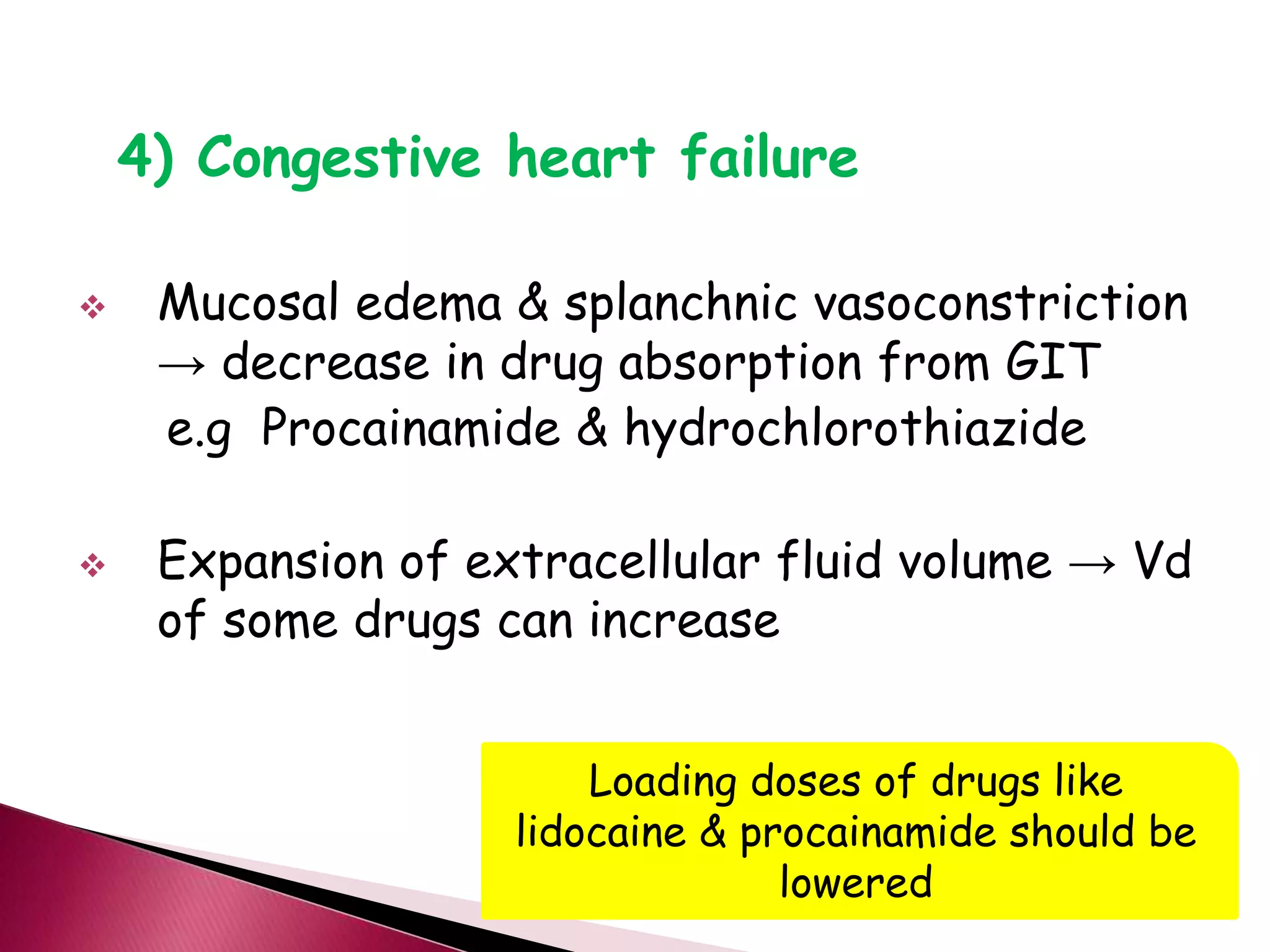 4) Congestive heart failure
 Mucosal edema & splanchnic vasoconstriction
→ decrease in drug absorption from GIT
e.g Procainamide & hydrochlorothiazide
 Expansion of extracellular fluid volume → Vd
of some drugs can increase
Loading doses of drugs like
lidocaine & procainamide should be
lowered
 