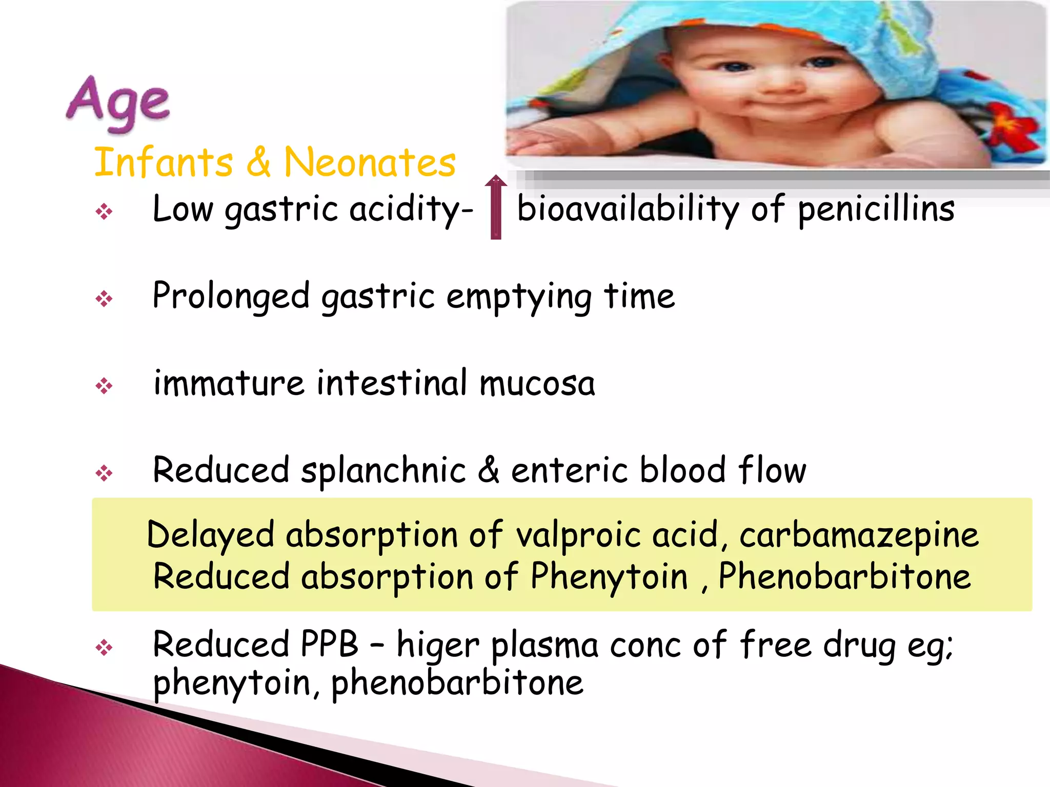 Infants & Neonates
 Low gastric acidity- bioavailability of penicillins
 Prolonged gastric emptying time
 immature intestinal mucosa
 Reduced splanchnic & enteric blood flow
 Reduced PPB – higer plasma conc of free drug eg;
phenytoin, phenobarbitone
Delayed absorption of valproic acid, carbamazepine
Reduced absorption of Phenytoin , Phenobarbitone
 