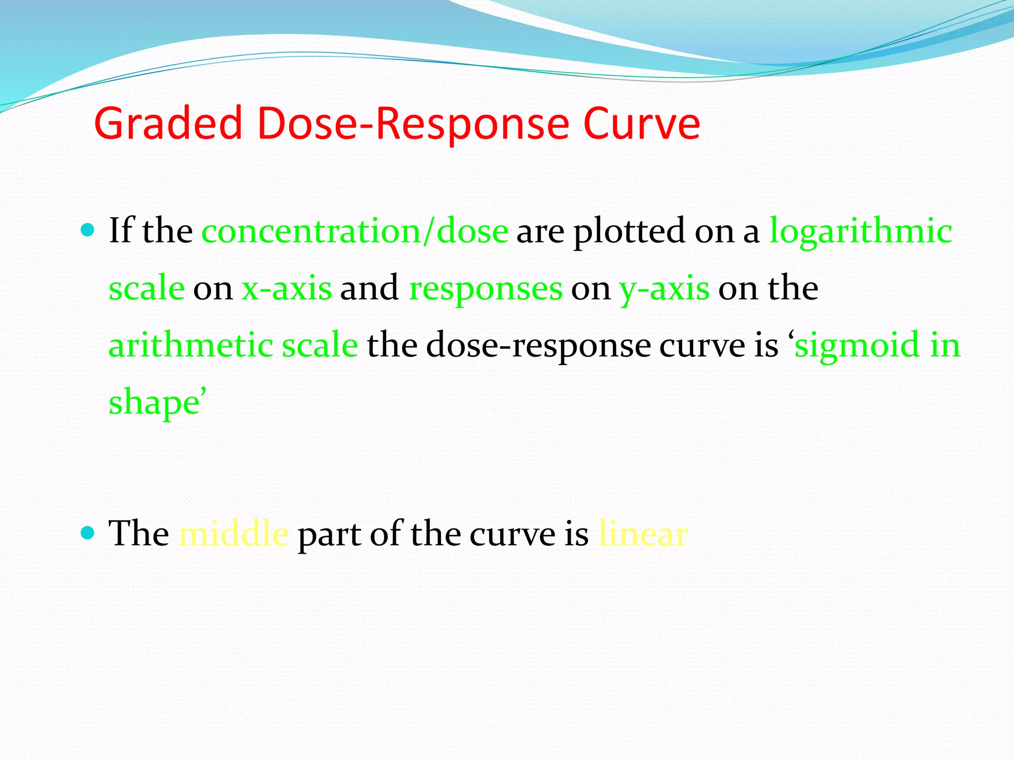 Graded Dose-Response Curve
 If the concentration/dose are plotted on a logarithmic
scale on x-axis and responses on y-axis on the
arithmetic scale the dose-response curve is ‘sigmoid in
shape’
 The middle part of the curve is linear
 