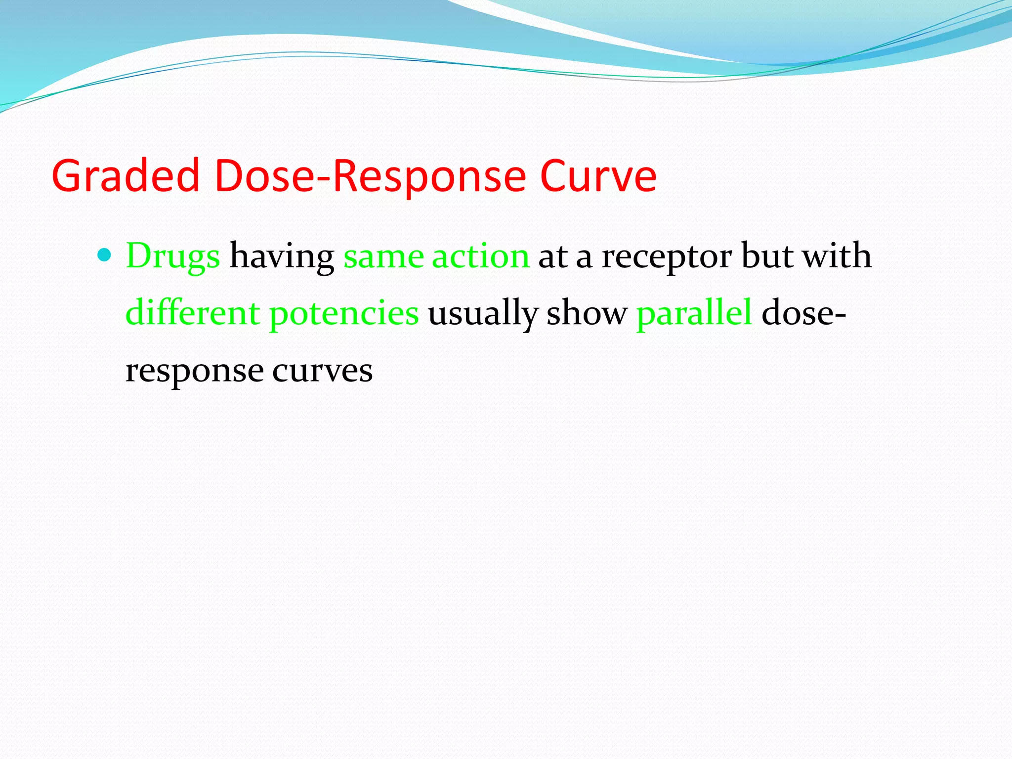 Graded Dose-Response Curve
 Drugs having same action at a receptor but with
different potencies usually show parallel dose-
response curves
 