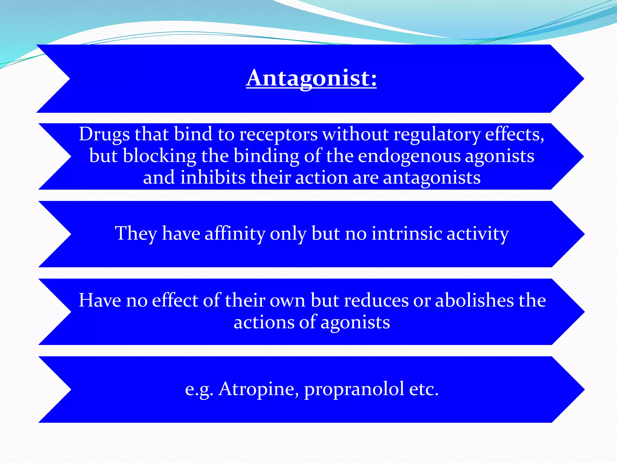Antagonist:
Drugs that bind to receptors without regulatory effects,
but blocking the binding of the endogenous agonists
and inhibits their action are antagonists
They have affinity only but no intrinsic activity
Have no effect of their own but reduces or abolishes the
actions of agonists
e.g. Atropine, propranolol etc.
 