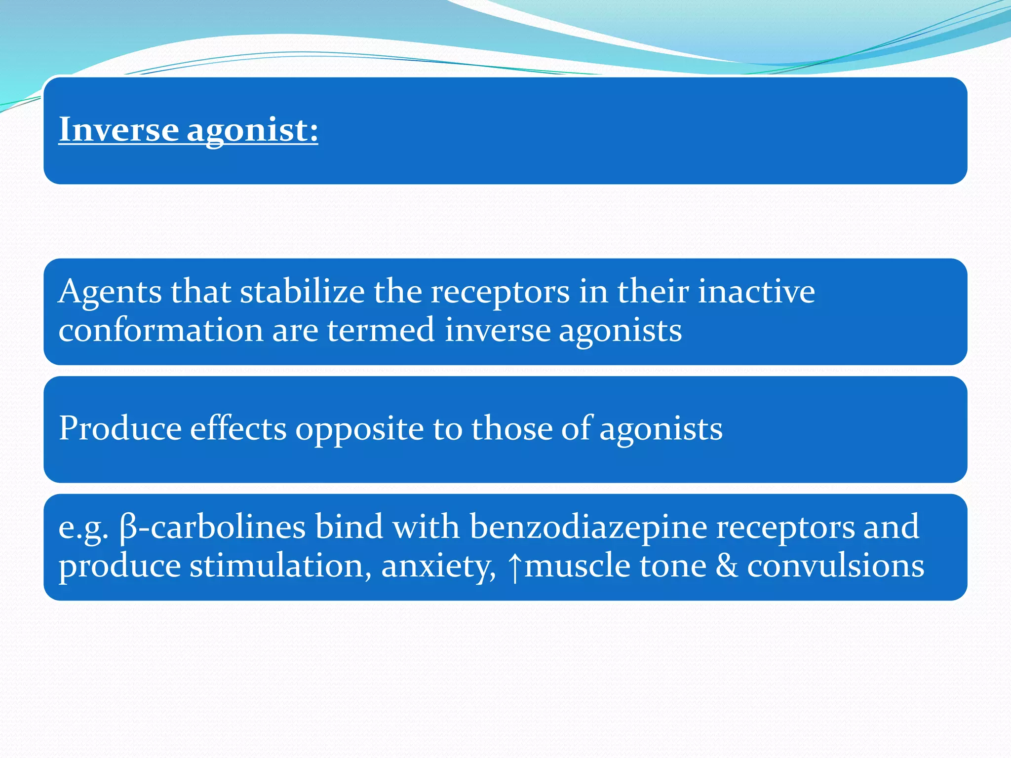 Inverse agonist:
Agents that stabilize the receptors in their inactive
conformation are termed inverse agonists
Produce effects opposite to those of agonists
e.g. β-carbolines bind with benzodiazepine receptors and
produce stimulation, anxiety, ↑muscle tone & convulsions
 