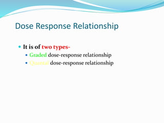 Dose Response Relationship
 It is of two types-
 Graded dose-response relationship
 Quantal dose-response relationship
 