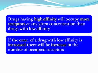 Drugs having high affinity will occupy more
receptors at any given concentration than
drugs with low affinity
If the conc. of a drug with low affinity is
increased there will be increase in the
number of occupied receptors
 