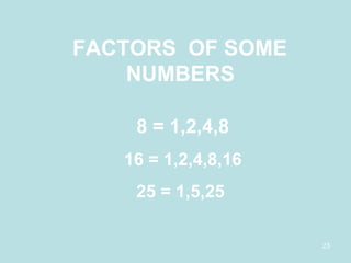 FACTORS  OF SOME  NUMBERS   8 = 1,2,4,8 16 = 1,2,4,8,16 25 = 1,5,25  