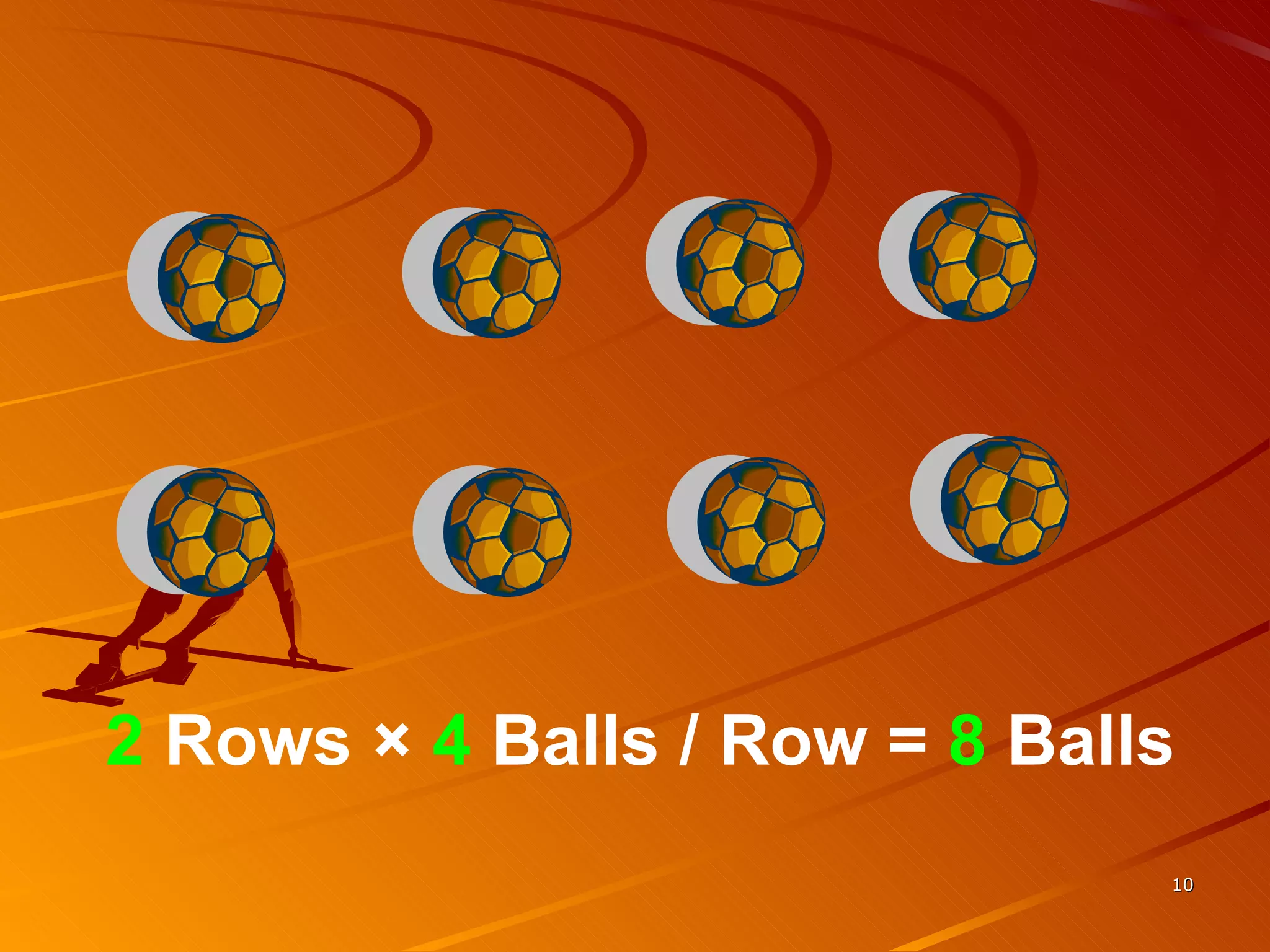 2  Rows  ×  4  Balls / Row =  8  Balls 