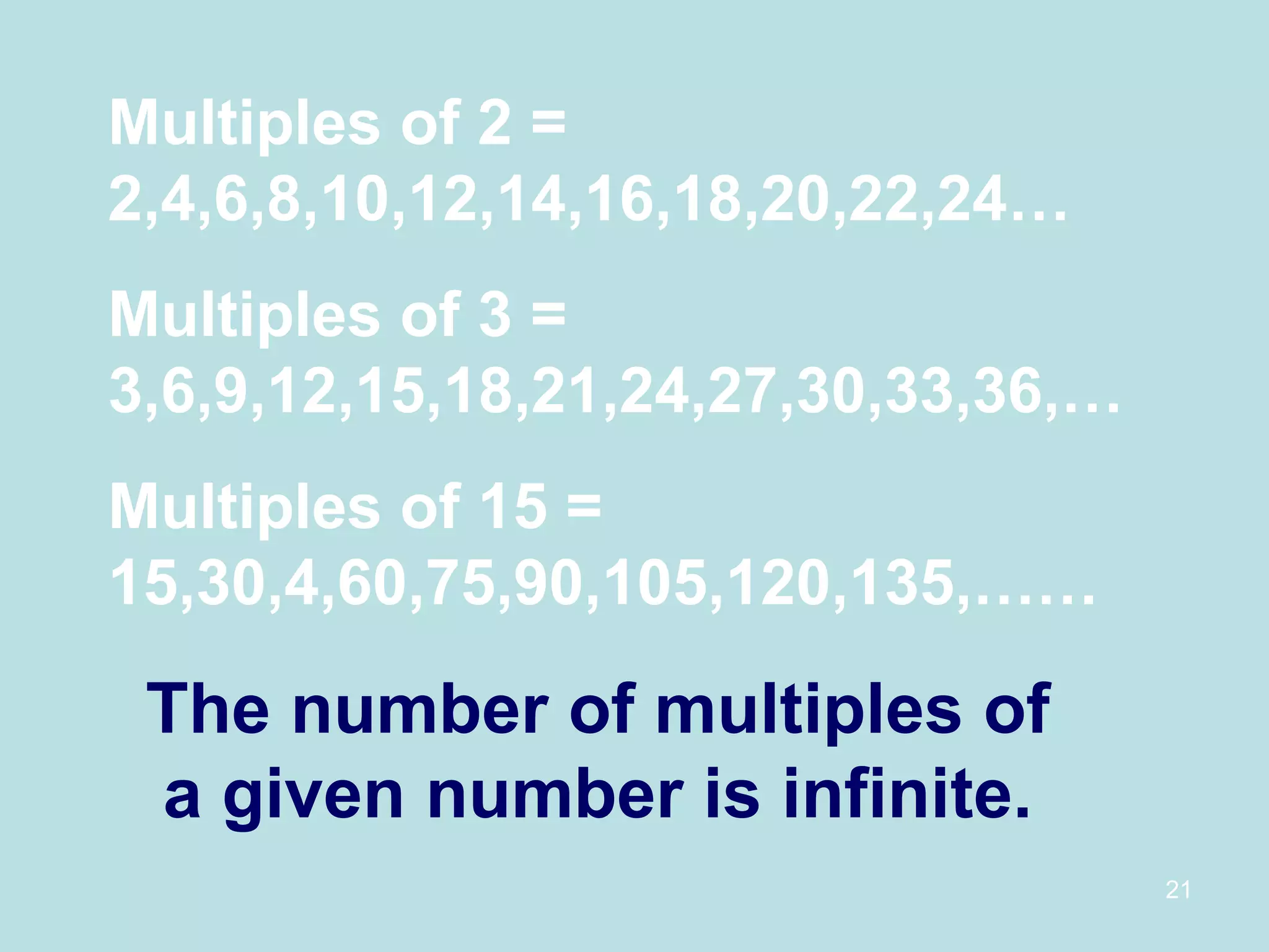 Multiples of 2 = 2,4,6,8,10,12,14,16,18,20,22,24… Multiples of 3 = 3,6,9,12,15,18,21,24,27,30,33,36,… Multiples of 15 = 15,30,4,60,75,90,105,120,135,…… The number of multiples of a given number is infinite. 