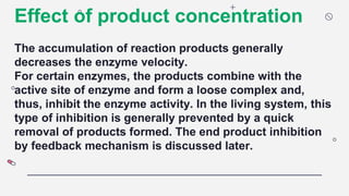 Effect of product concentration
The accumulation of reaction products generally
decreases the enzyme velocity.
For certain enzymes, the products combine with the
active site of enzyme and form a loose complex and,
thus, inhibit the enzyme activity. In the living system, this
type of inhibition is generally prevented by a quick
removal of products formed. The end product inhibition
by feedback mechanism is discussed later.
 
