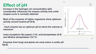 Effect of pH
Increase in the hydrogen ion concentration (pH)
considerably influences the enzyme activity and a bell-
shaped curve is normally obtained
Most of the enzymes of higher organisms show optimum
activity around neutral pH (6-8).
. Each enzyme has an optimum pH at which the velocity is
maximum
many exceptions like pepsin (1-2), acid phosphatase (4-5)
and alkaline phosphatase (10-11).
Enzymes from fungi and plants are most active in acidic pH
(4-6).
 