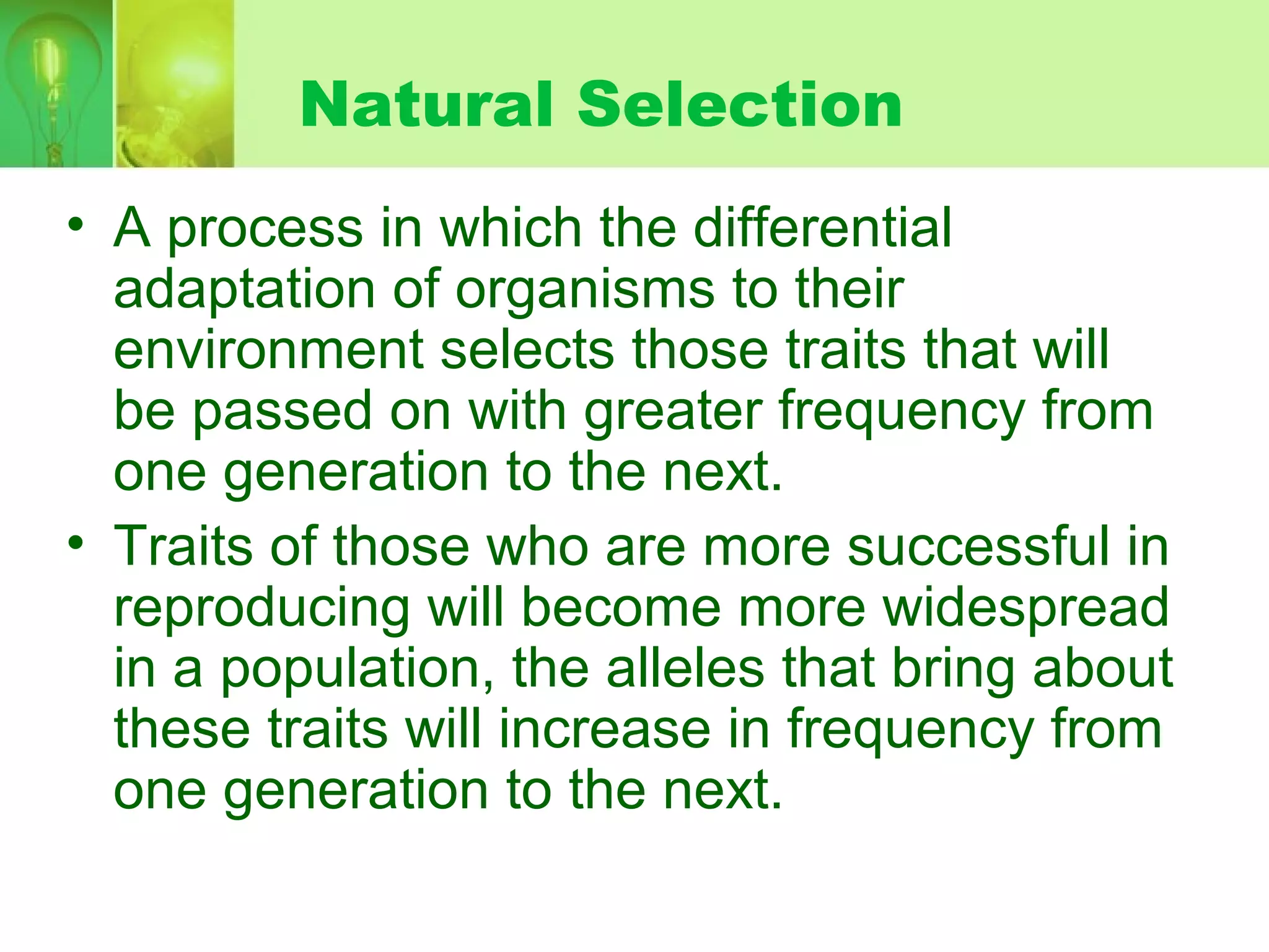 Natural Selection
• A process in which the differential
adaptation of organisms to their
environment selects those traits that will
be passed on with greater frequency from
one generation to the next.
• Traits of those who are more successful in
reproducing will become more widespread
in a population, the alleles that bring about
these traits will increase in frequency from
one generation to the next.
 