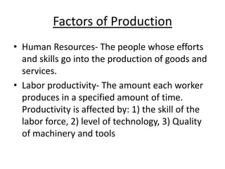 Factors of Production Human Resources- The people whose efforts and skills go into the production of goods and services.  Labor productivity- The amount each worker produces in a specified amount of time. Productivity is affected by: 1) the skill of the labor force, 2) level of technology, 3) Quality of machinery and tools  