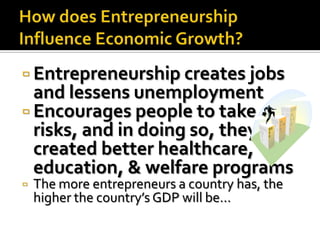  Entrepreneurship creates jobs
  and lessens unemployment
 Encourages people to take
  risks, and in doing so, they’ve
  created better healthcare,
  education, & welfare programs
   The more entrepreneurs a country has, the
    higher the country’s GDP will be…
 